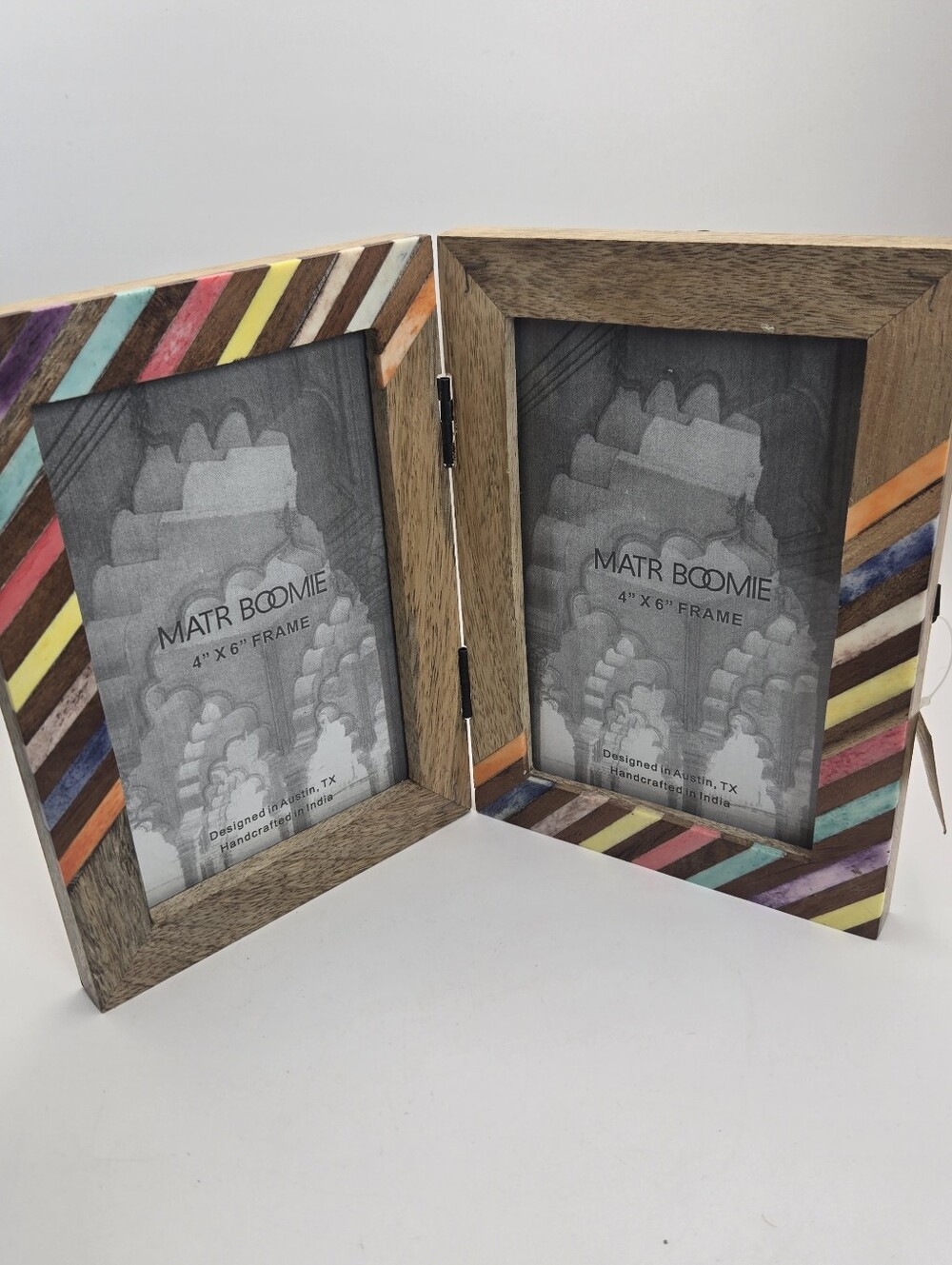 New! Matr Boomie Folding Rainbow Stripe Wood And Resin Picture Frame 4x6